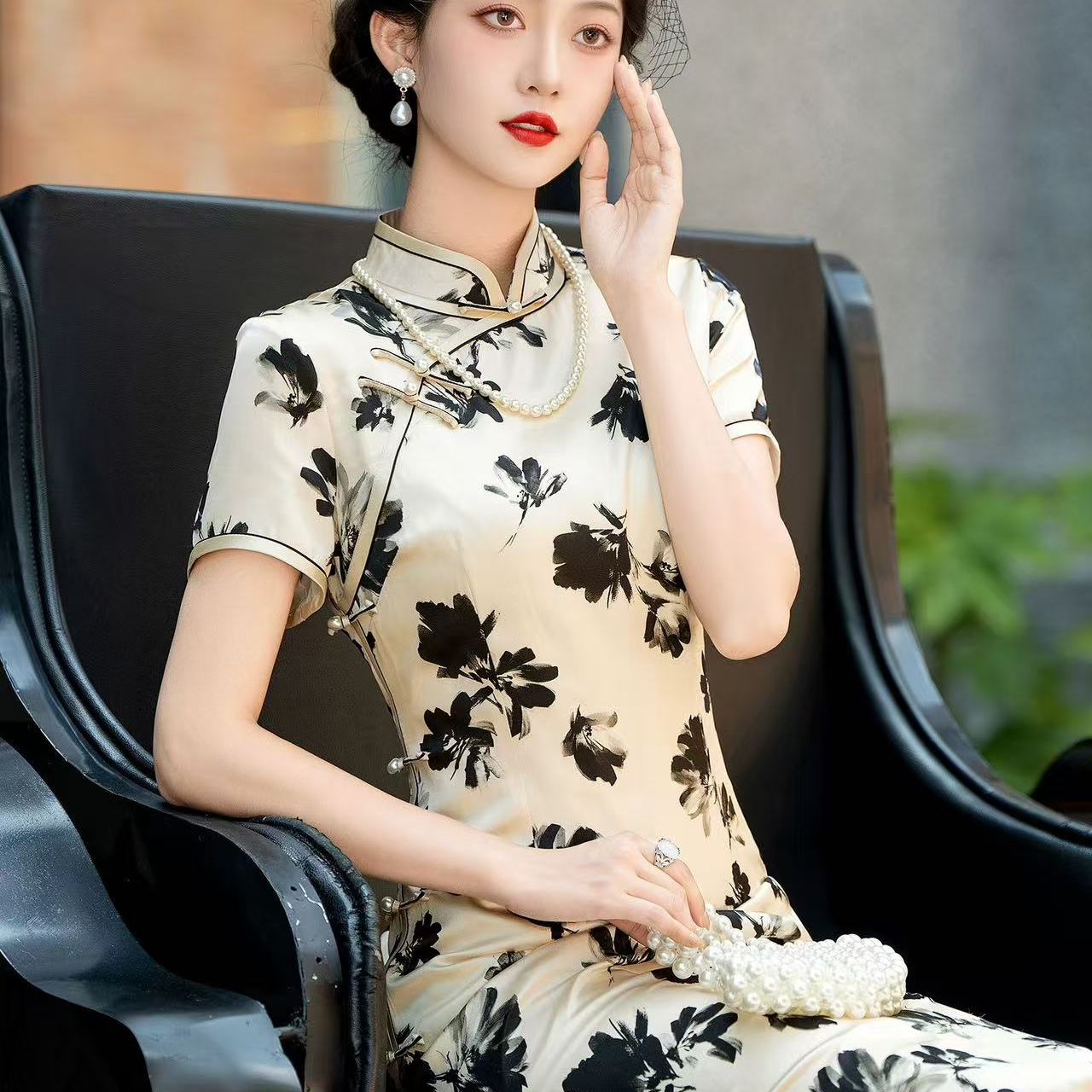 中国风短袖新中式长旗袍夏季气质法式旗袍显瘦复古长款修身优雅