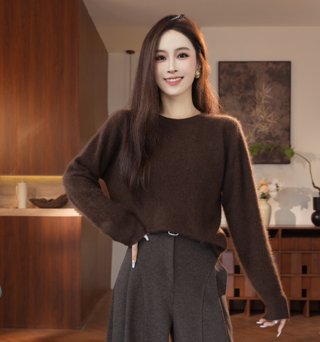 【羊绒衫】2025拉绒圆领新款拉绒针织衫打底宽松毛衣秋冬季百搭女士