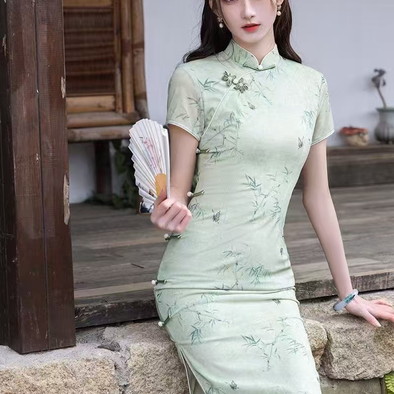 【青未了】2025春款新出炉瑞士网纱轻薄透气百搭清爽修身中长款旗袍