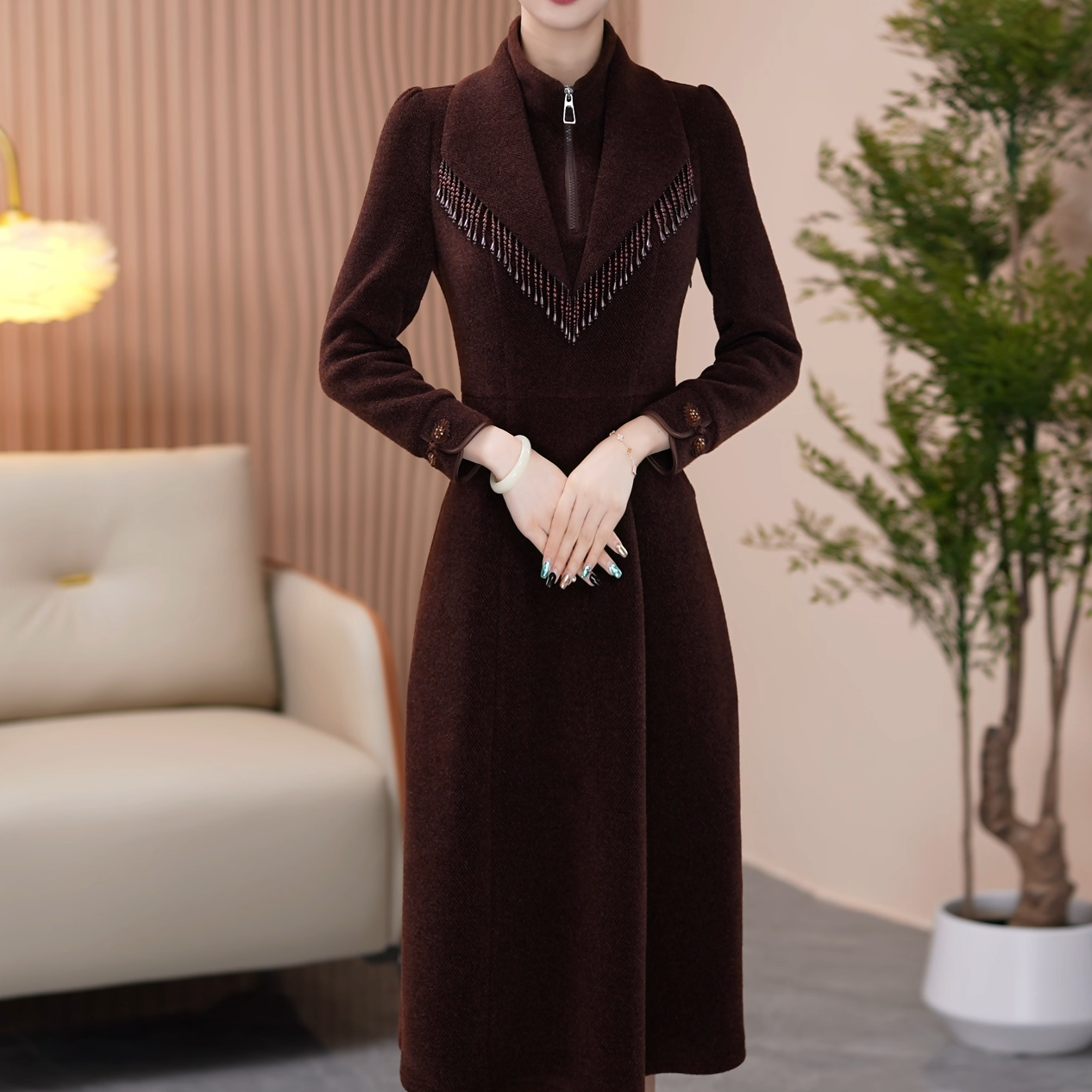 【芊霓女装】24217冬季新款改良新中式旗袍连衣裙遮肚子收腰显气质