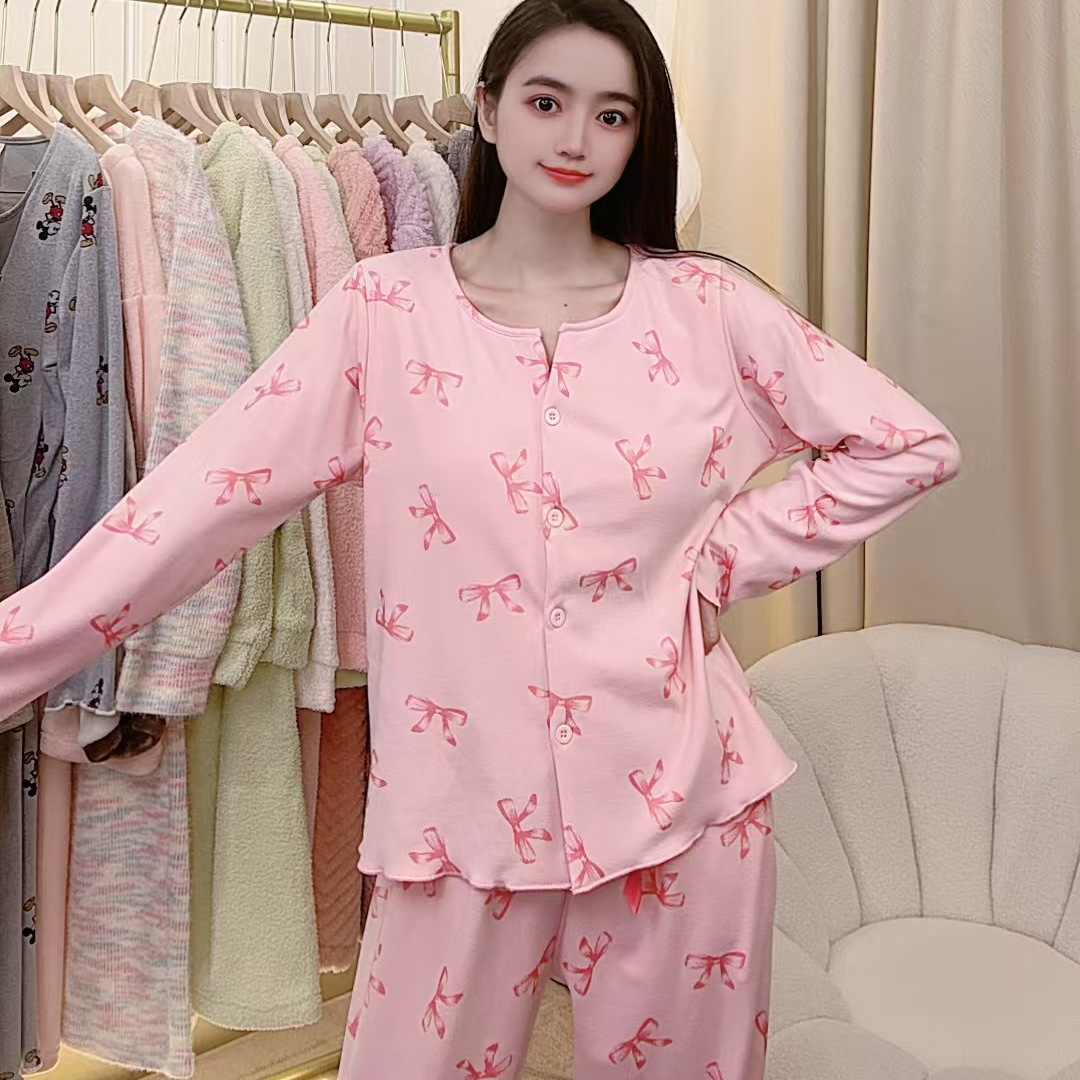 秋季睡衣爆款卡通甜美可爱带胸垫长袖长裤开衫纽扣家居服两件套装