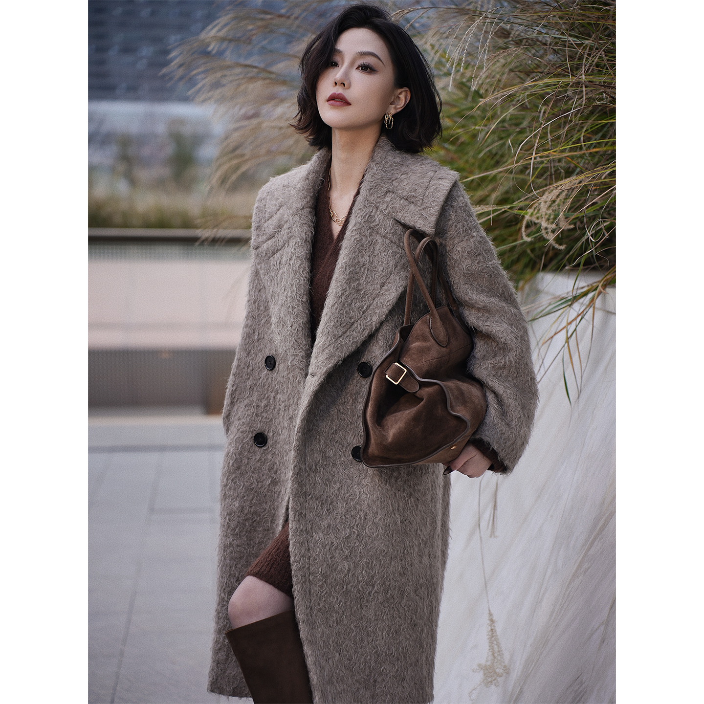 唐一可原创设计-羊毛大衣慵懒冬季优雅气质马海毛长款轻奢外套