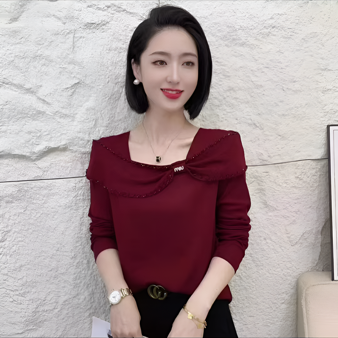 早春新款时尚气质钉珠蝴蝶结方领长袖上衣显瘦百搭洋气女士小衫