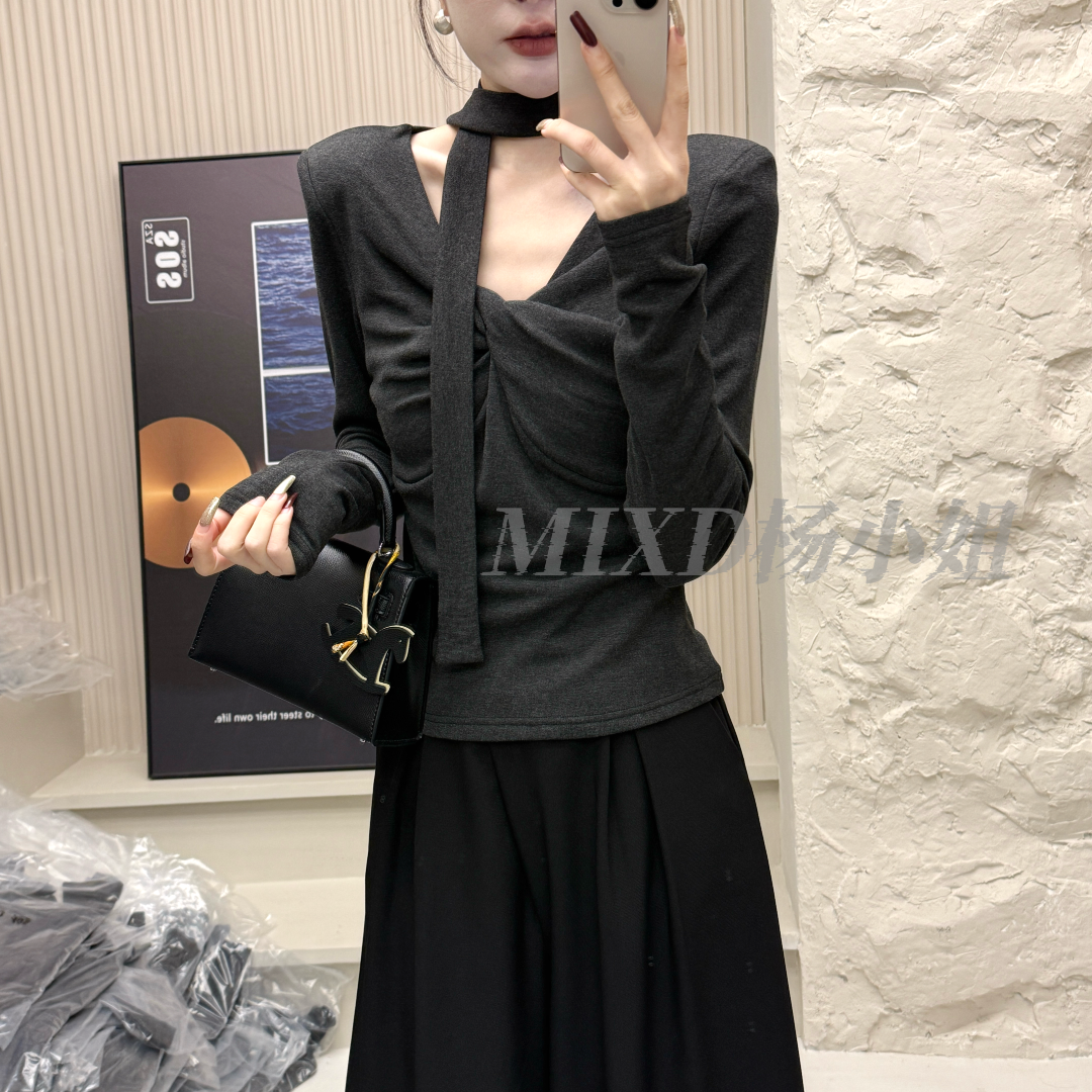【MIXD杨小姐定制】2025秋冬显瘦磨毛弹力飘带气质百搭上衣