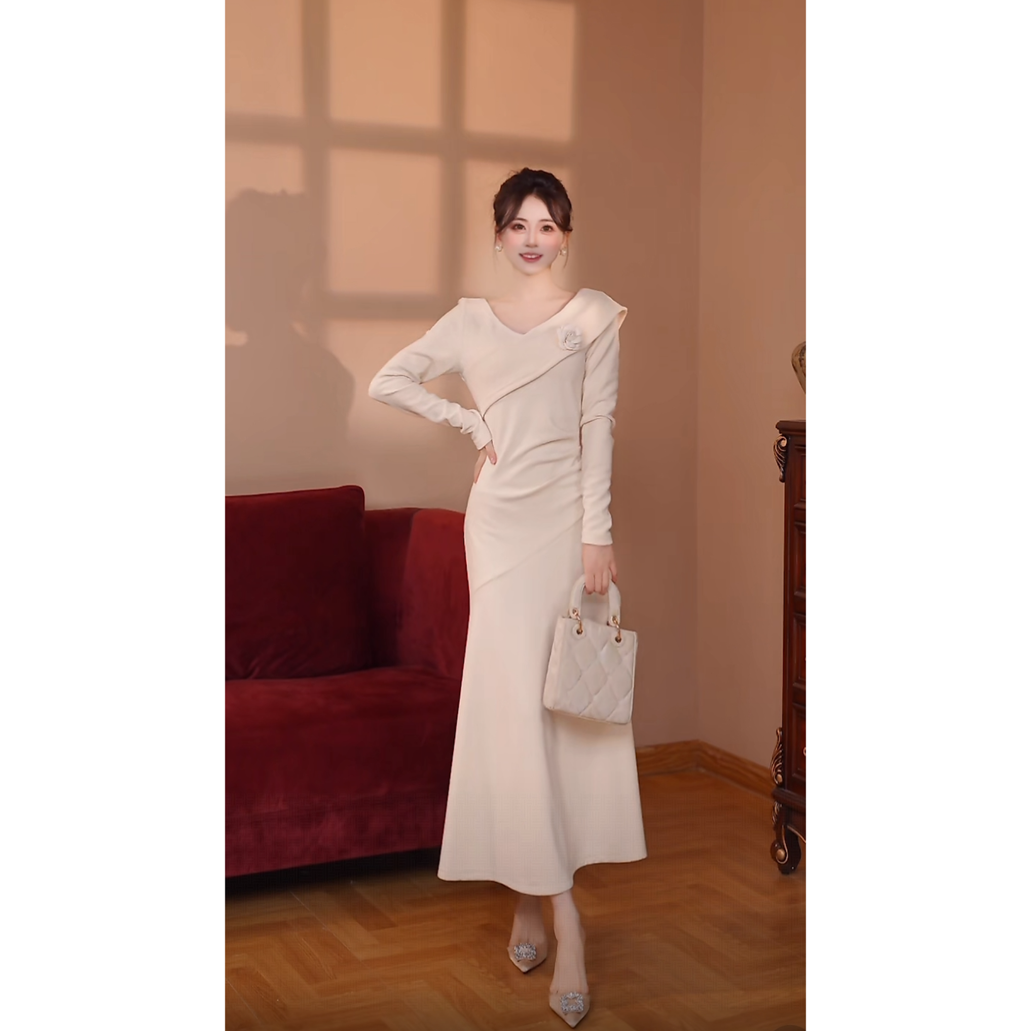 【瑞瑞定制】【杏】【无拉链送胸花】温柔风长裙打底长袖连衣裙女D4012