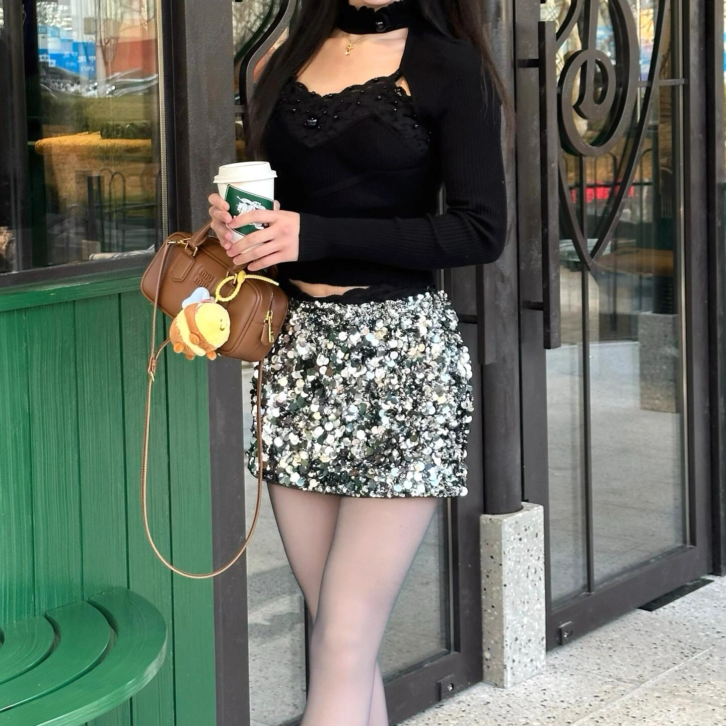 【DÉ MYSTÈRE】冬季新品优雅银灰色华丽珠片A型半裙短裙GZJ68103