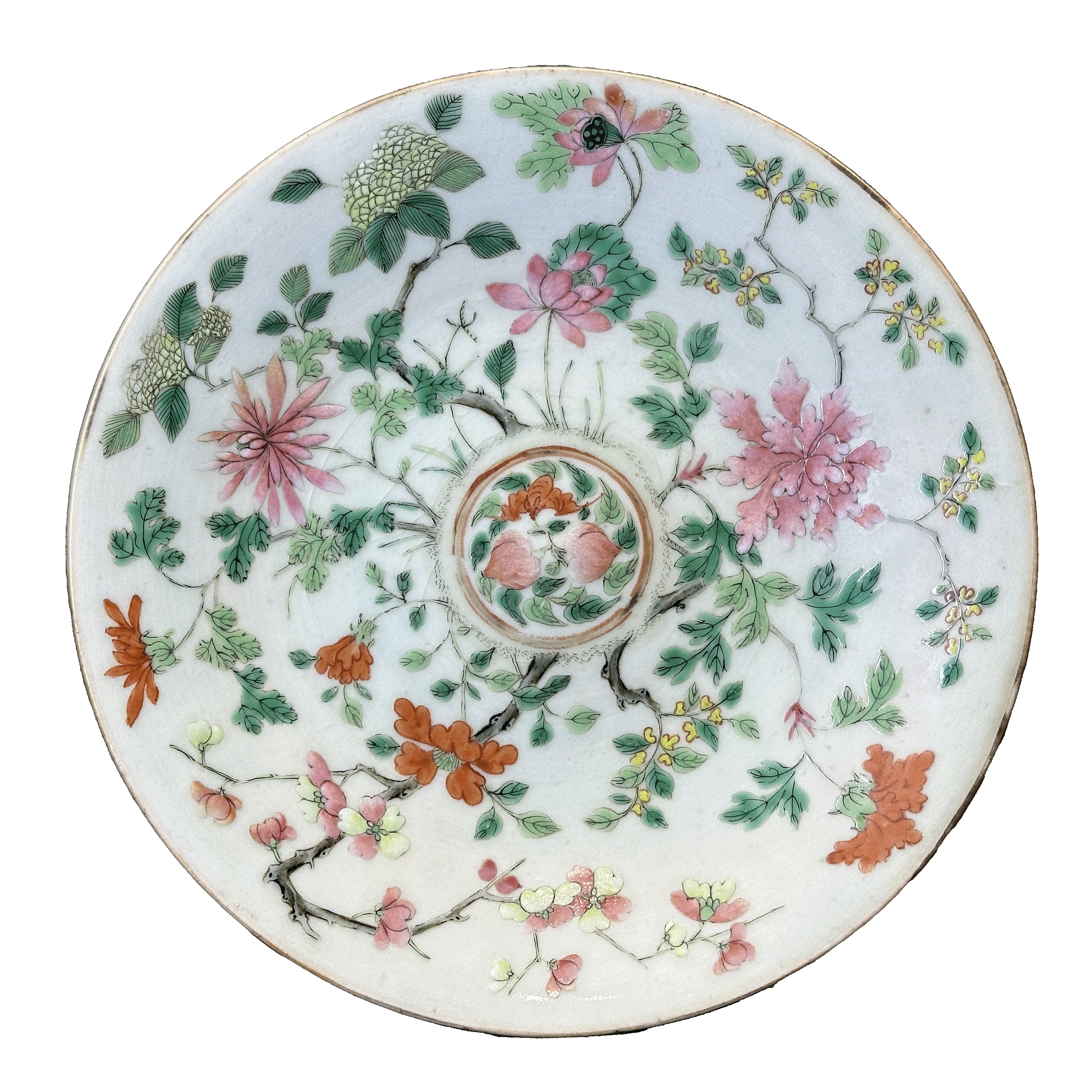 22222190y豆青釉粉彩花卉纹盘