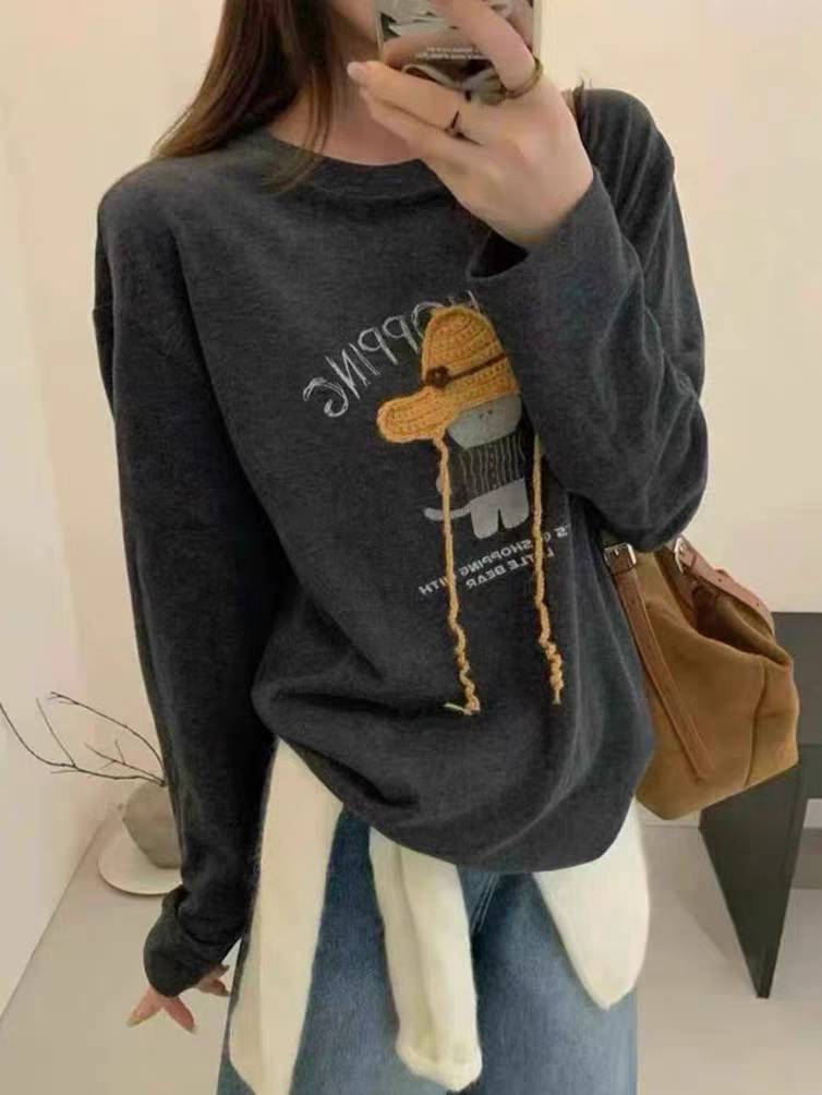 韩系卡通立体印花长袖T恤女2025秋冬新款修身显瘦磨毛打底衫上衣