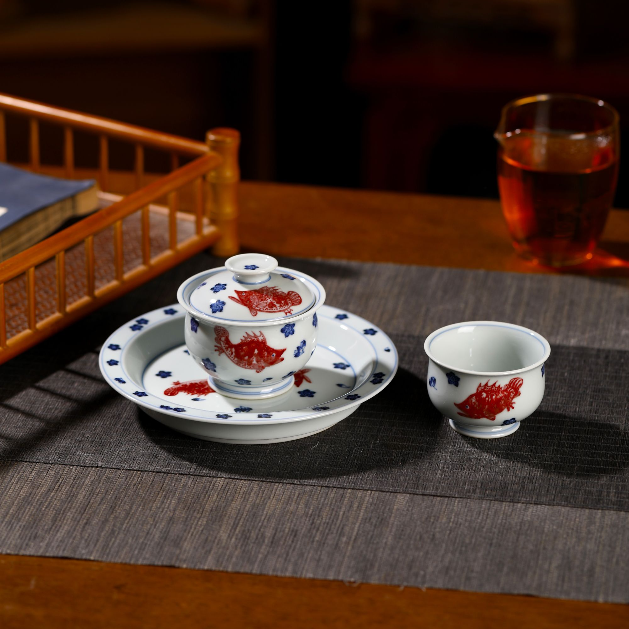 【照夜白】纯手绘釉里红  原矿桃花鳜鱼题材陶瓷茶具高端中式礼盒装