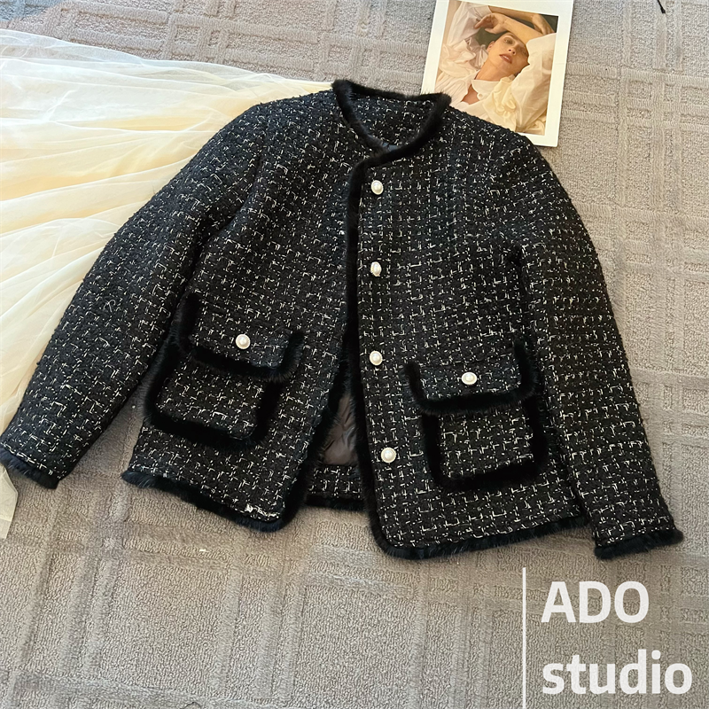 小香风编制真毛粗花呢外套短款羽绒气质网红洋气时尚加厚韩版秋冬