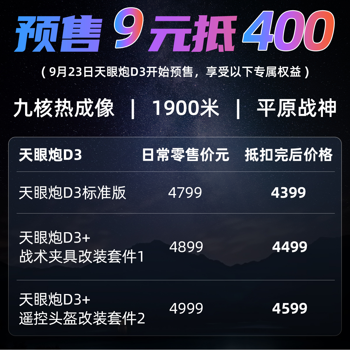 天眼炮D3预售9元抵400元优惠链接