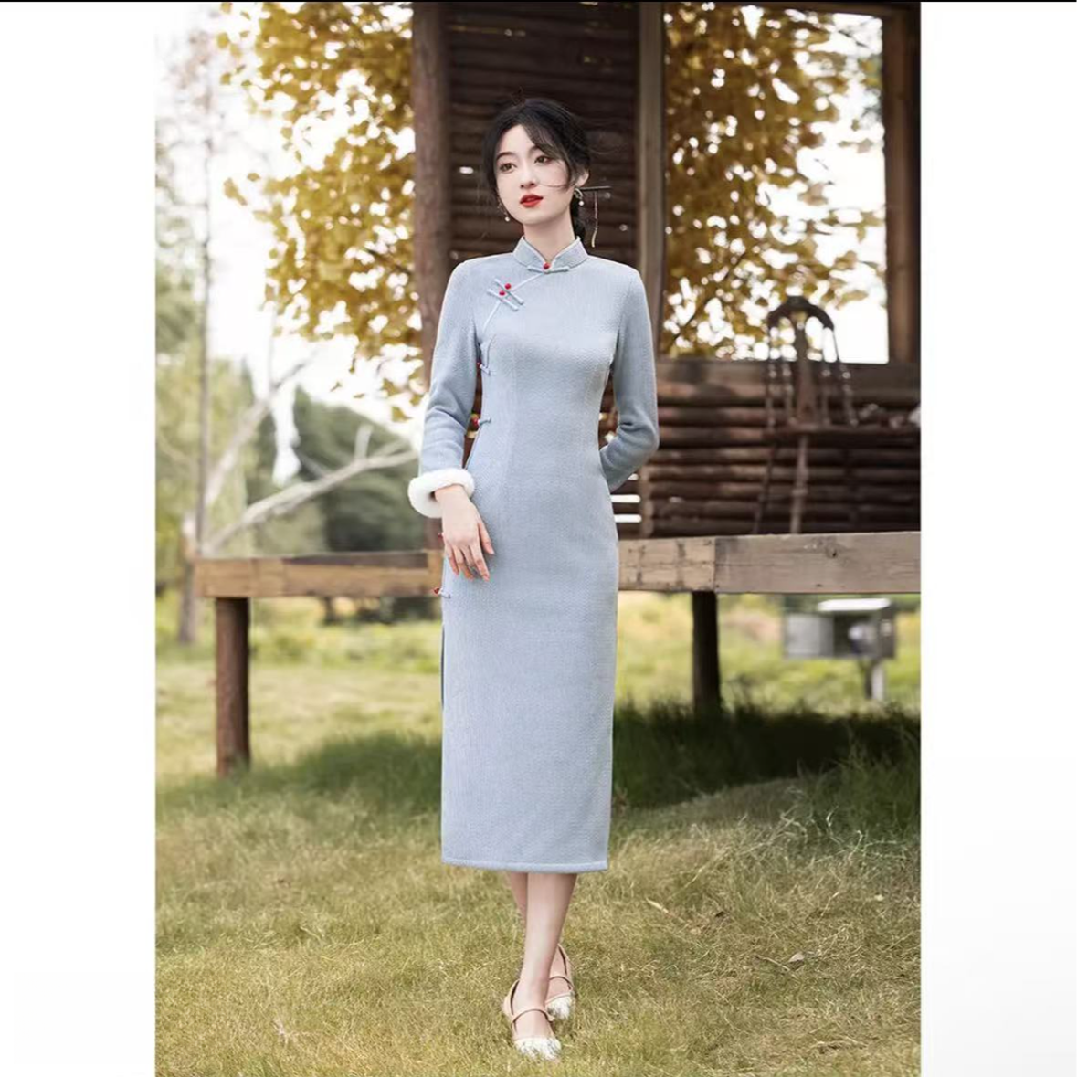 1491 【蓝月】 蓝色 八扣 素板 旗袍