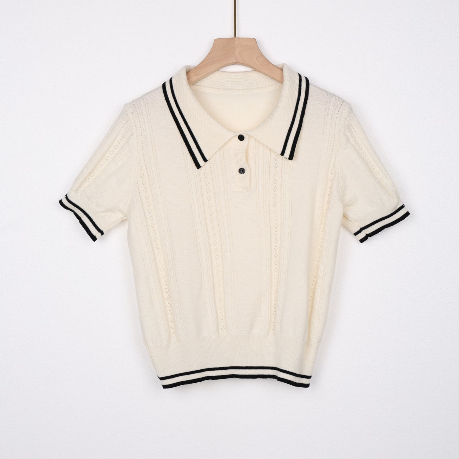 休闲春夏秋季毛针织衫 短袖宽松型羊毛条纹时尚POLO领女上衣SY003