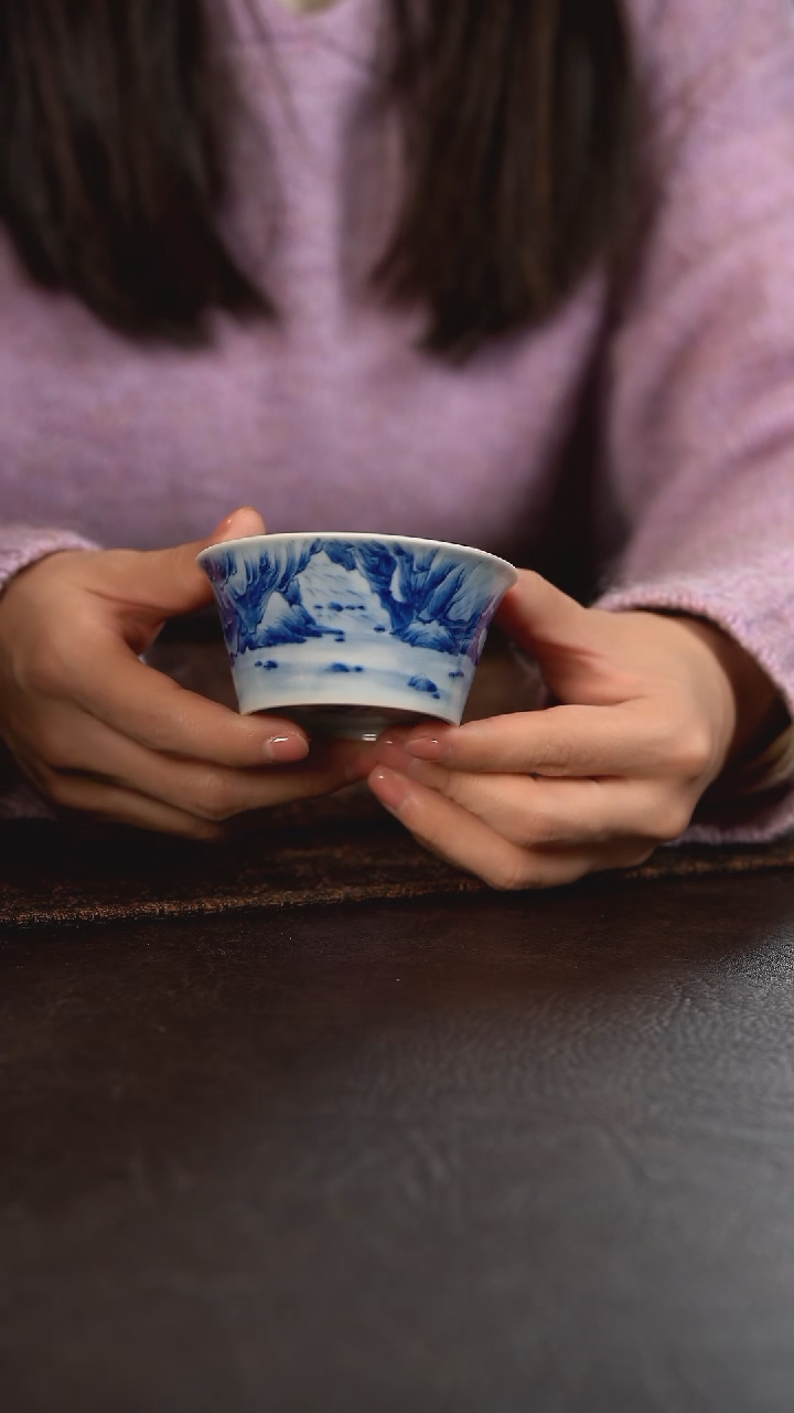 【闪购商品】杯HLX陶瓷重工山水宽口马蹄撇口杯 随机