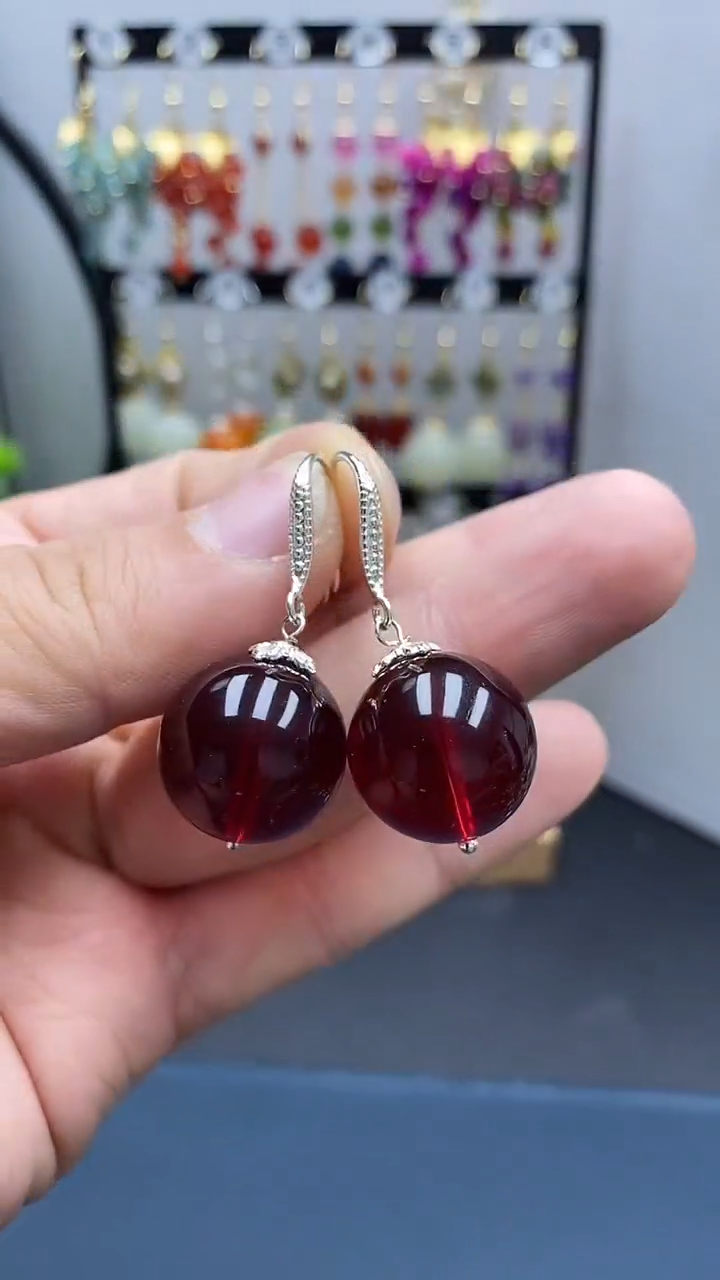 【闪购商品】血珀耳饰银S925镶嵌尺寸18mmW2