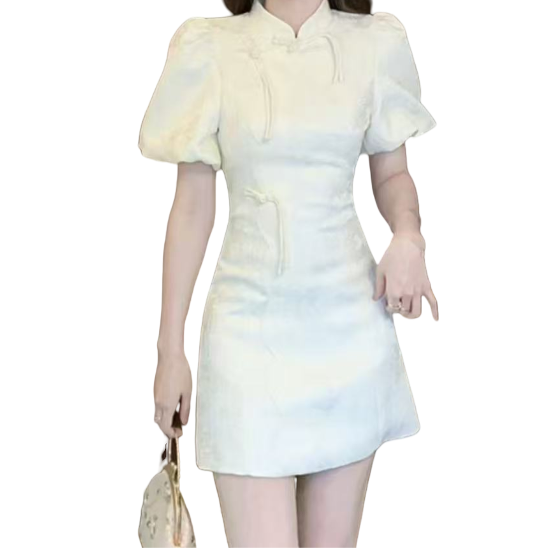 大宝家新中式盘扣改良旗袍白色连衣裙女夏新款显瘦气质短裙子