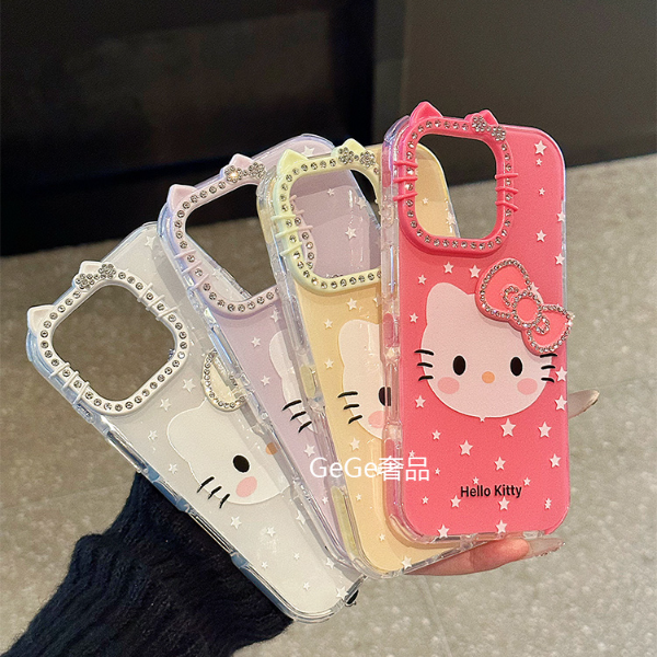 可爱卡通KT猫闪钻镜框适用苹果16promax手机壳iphone15/14/13女12