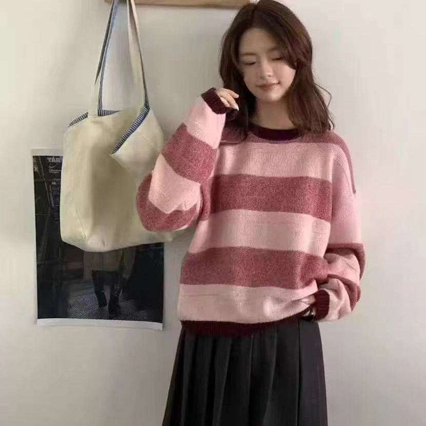【线下同款】~高定款！圆领宽条纹长袖百搭针织毛衣套头衫B1778