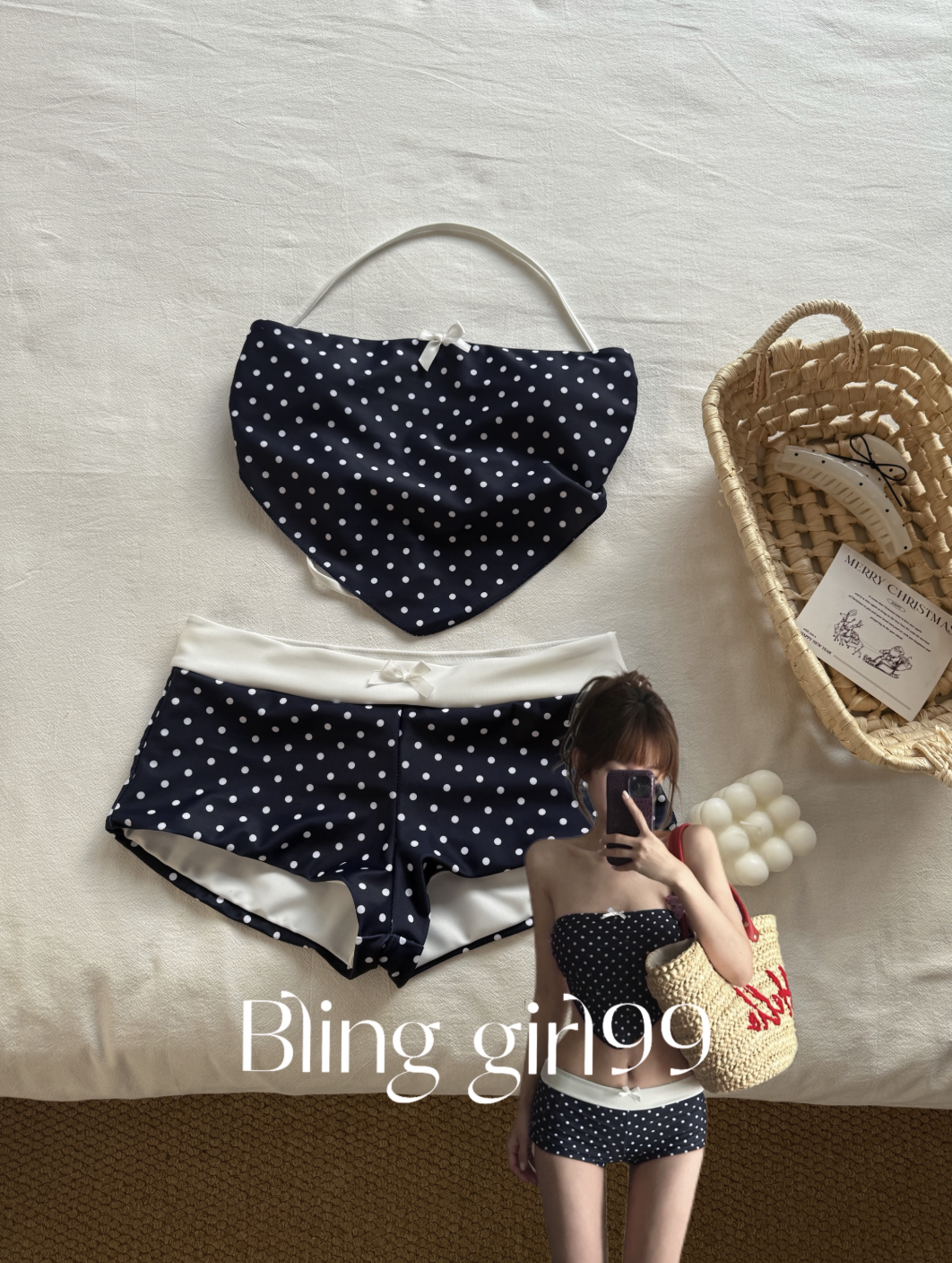 【鱼子酱】波点露肩显瘦小清新度假风比基尼套装女夏性感泳衣