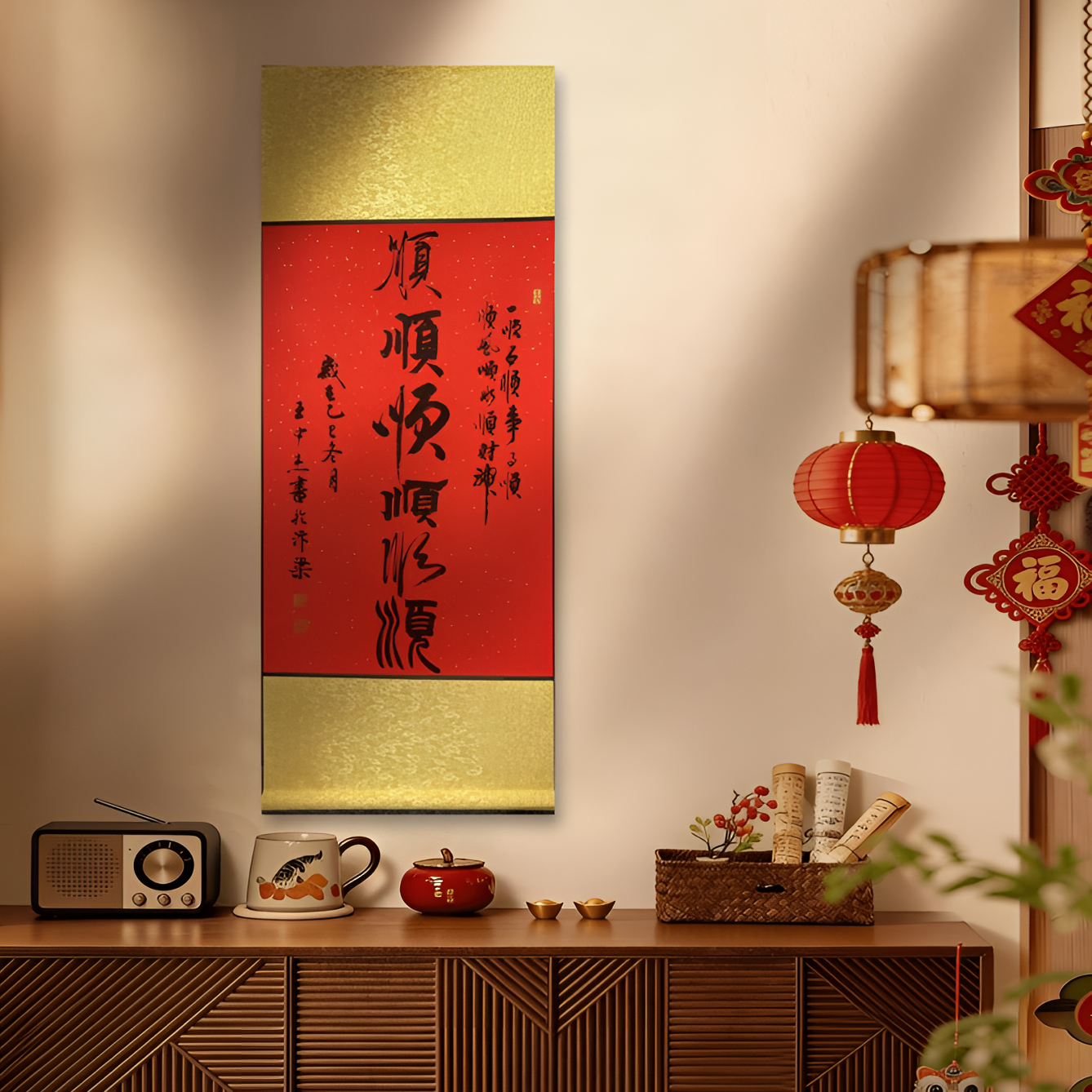 书法办公室字画挂墙/六六大顺/卷轴110*45字画王中杰手写红底黑墨