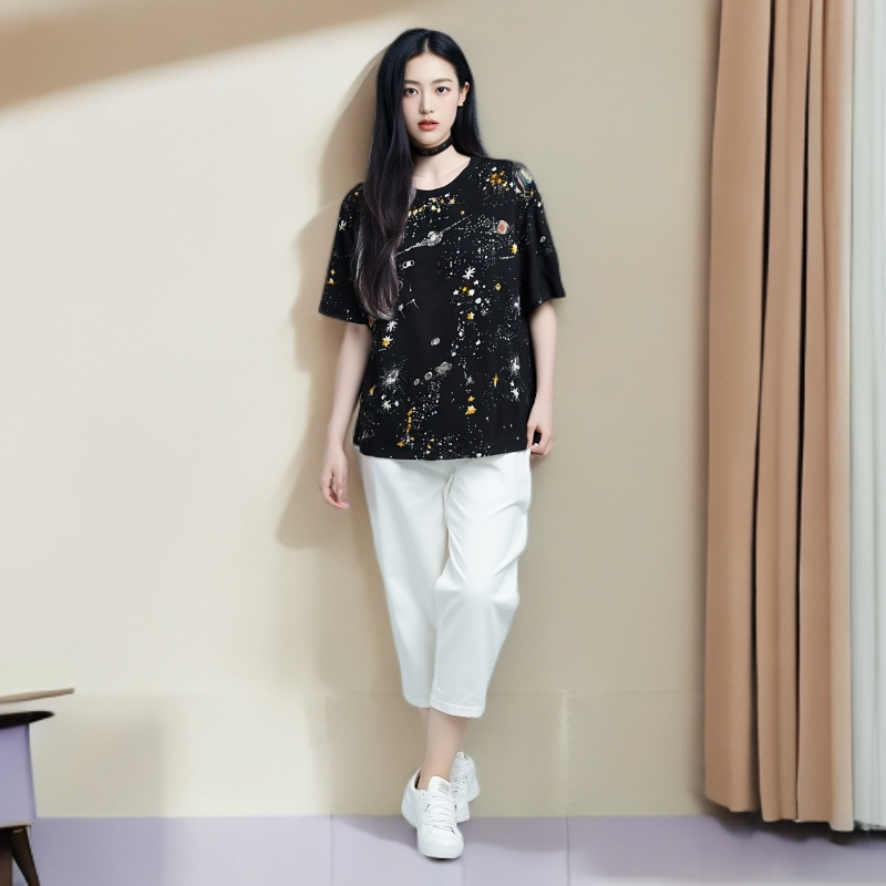 女士夏季纯棉圆领印花休闲短袖显瘦舒适透气减龄