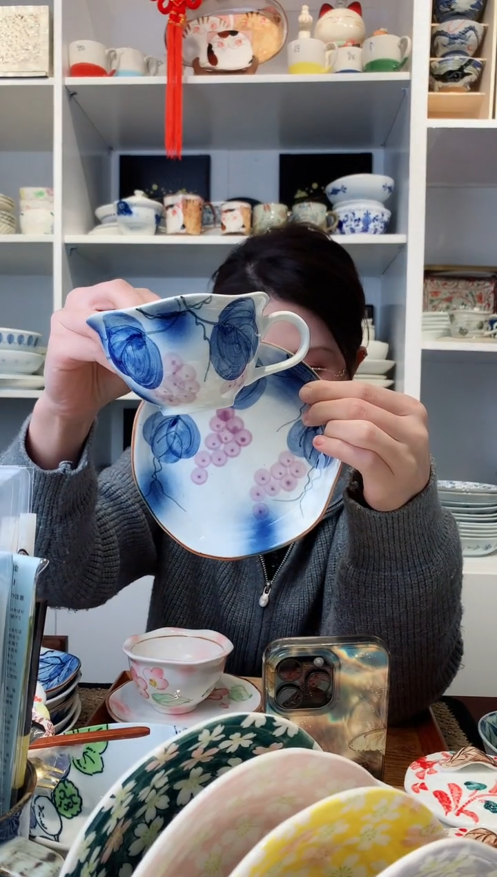 【闪购商品】不锈钢蓝染葡萄咖啡杯碟