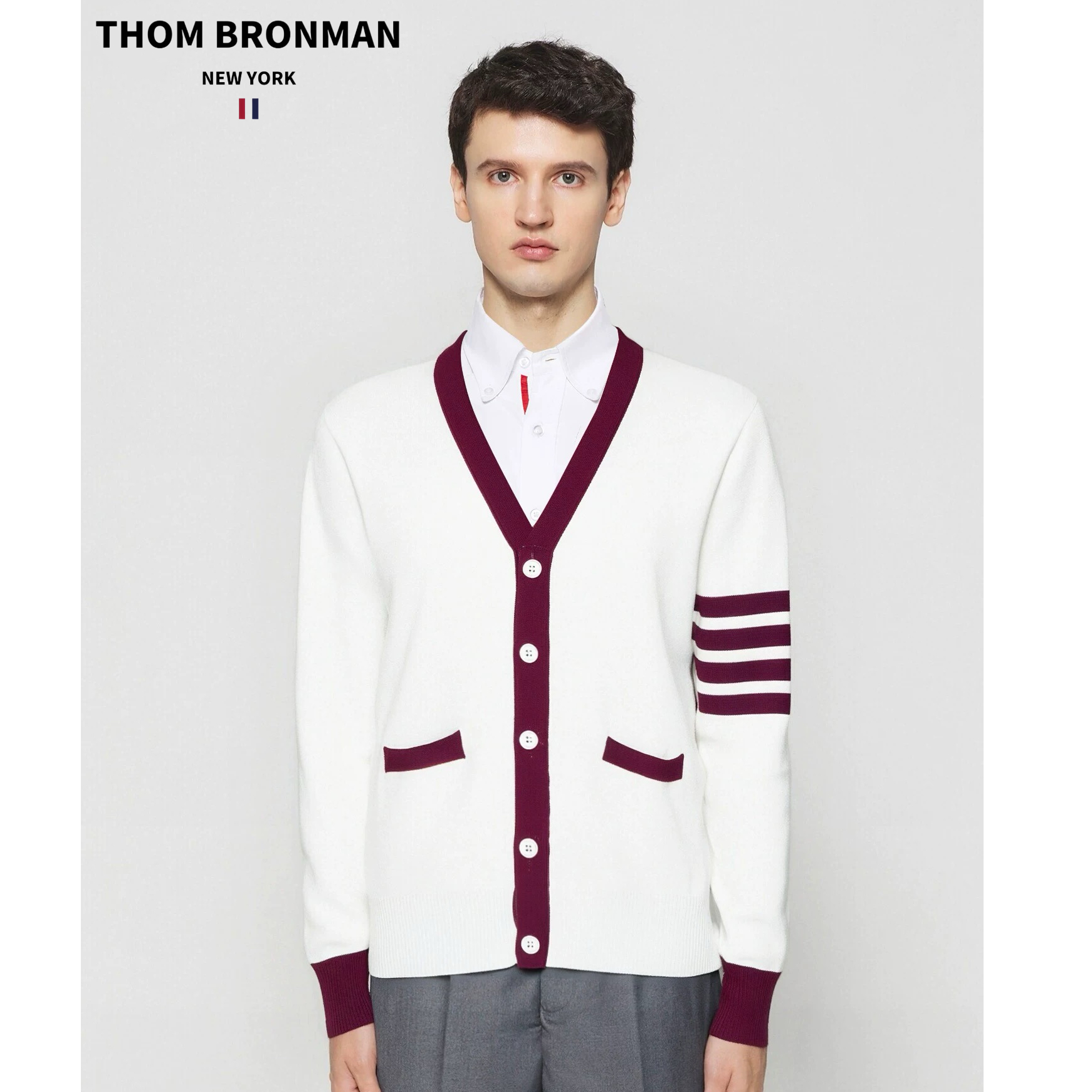 TB【官方正品】汤姆布郎THOMBRONMAN红白杠针织开衫四杠V领新款外套