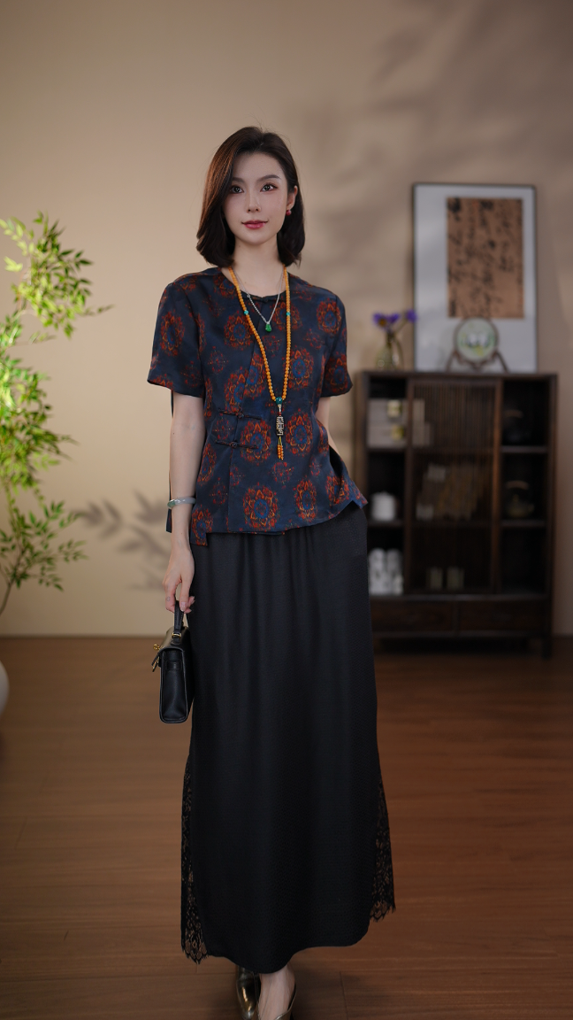 GONG QUE 新中式桑蚕丝花萝香云纱手工扣圆领短袖上衣 3063