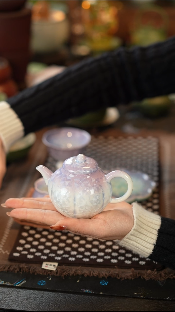 瓷片窑变结晶釉渐变青-南瓜壶