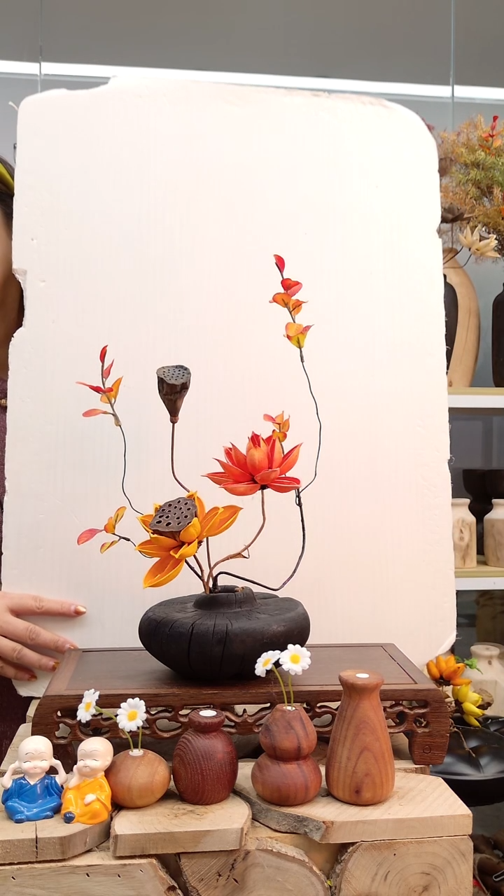 木实木花瓶配花一套无漆无蜡自带干裂