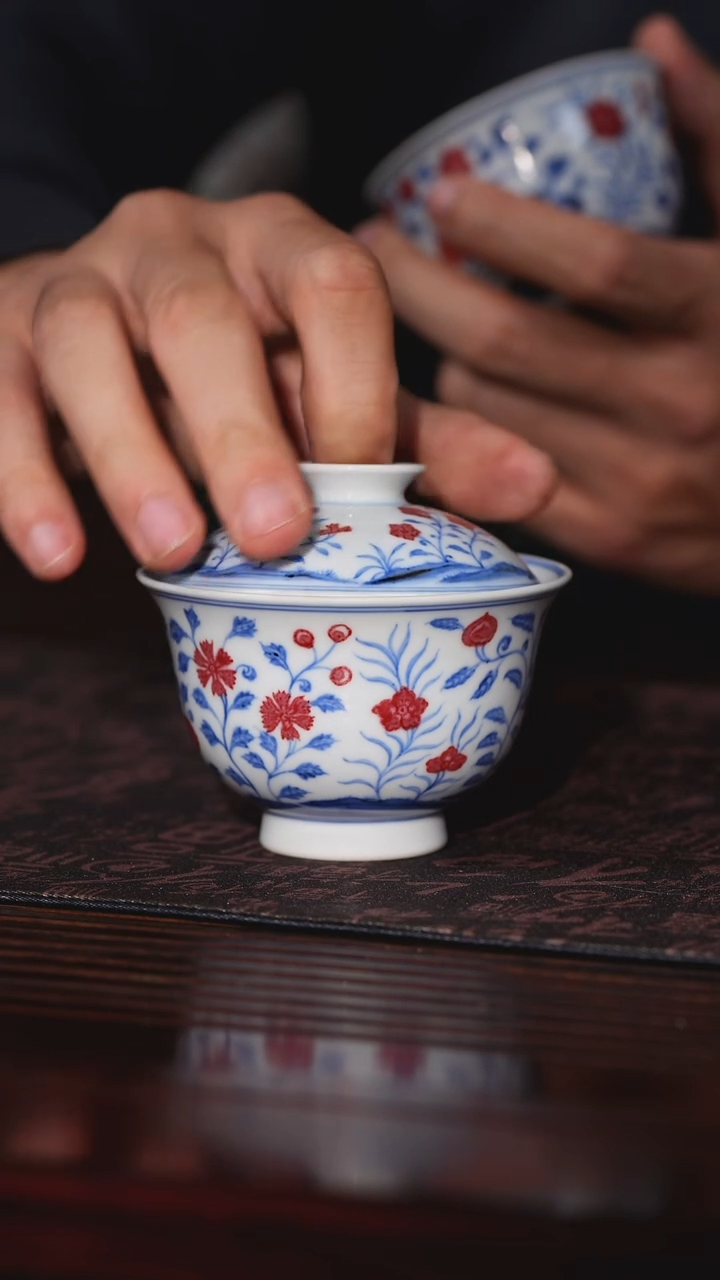 【闪购商品】摆件【瓷见如故】海韵堂青花釉里红九秋图盖碗