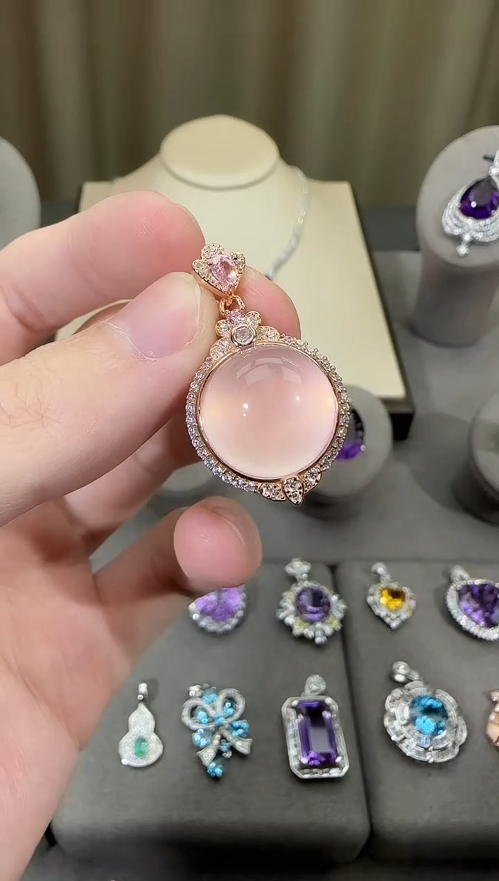 颈饰银S925镶嵌芙蓉石15mm吊坠星光粉水晶