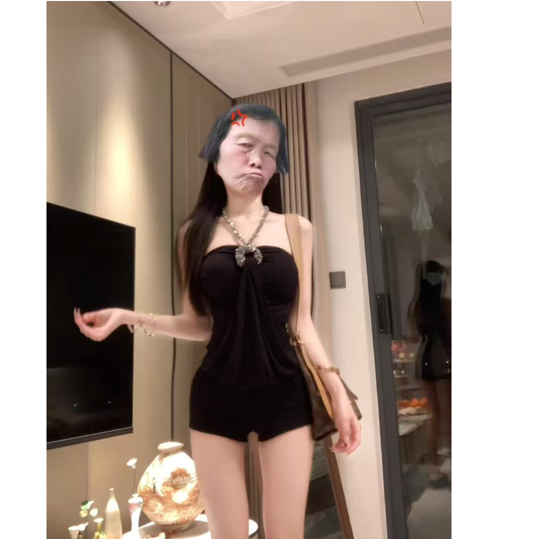 镶钻挂脖吊带背心女抹胸名媛风辣妹性感上衣搭配黑色短裤两件套