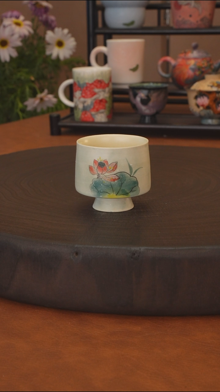 粉引红荷花系列  高脚杯