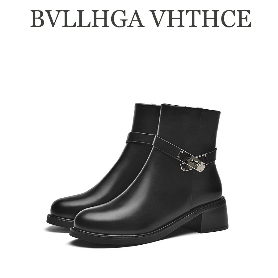 BV【芯片】秋冬款短靴厚底圆头旋扣黑色时尚百搭中筒靴女休闲 829