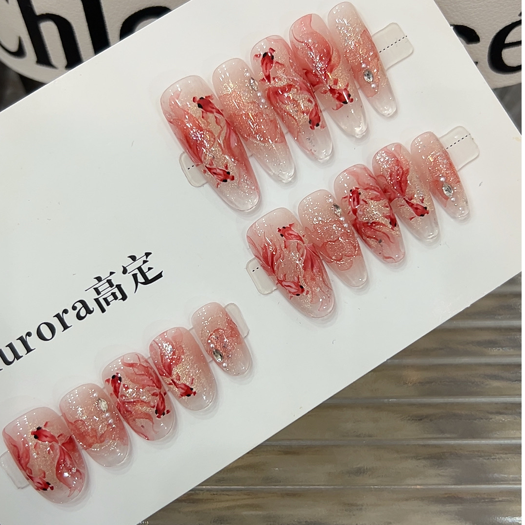 【红锦鲤.手绘水彩气质美甲】25新款原创设计师款纯手工穿戴甲手绘