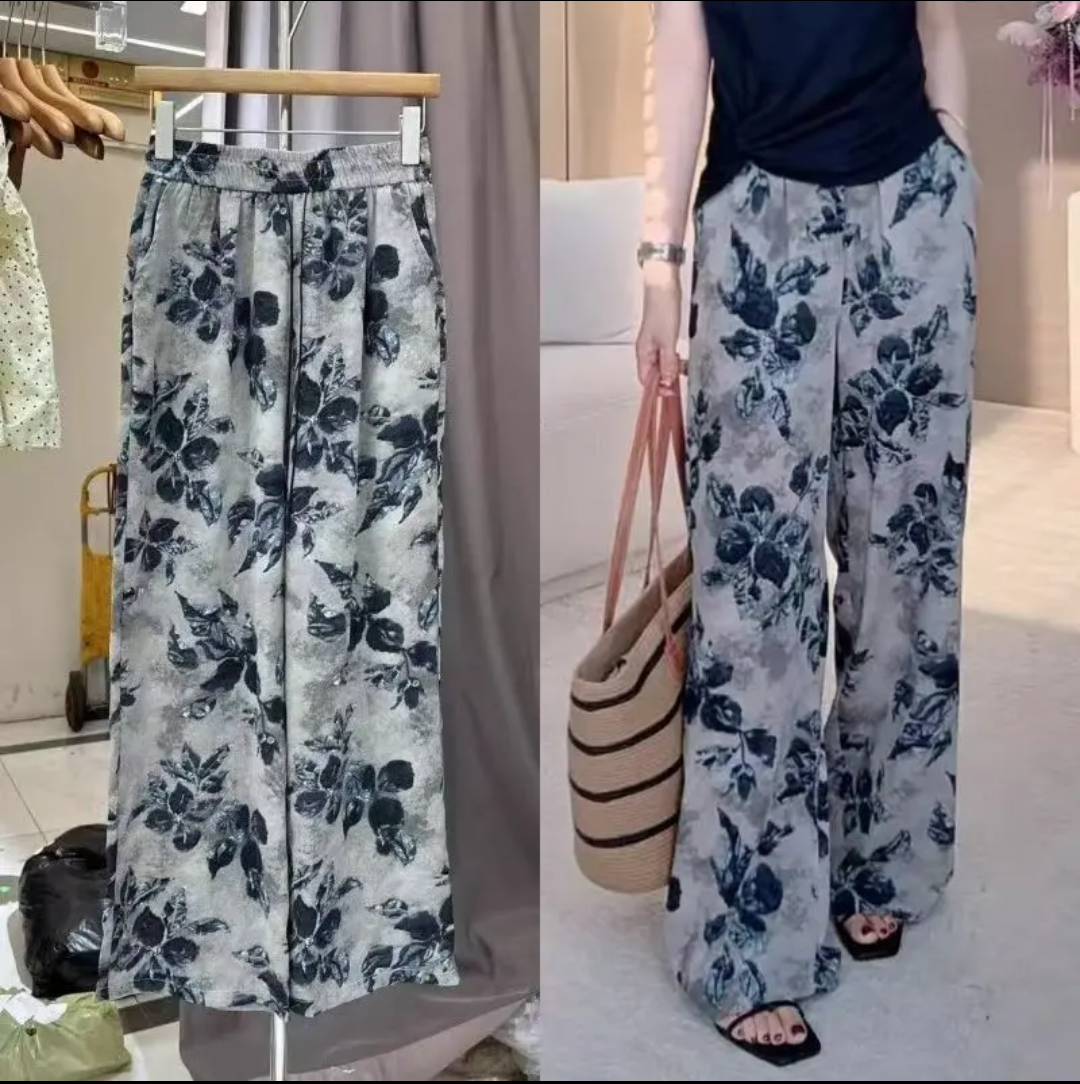 夏季薄款高腰印花冰丝阔腿休闲直筒防晒拖地女裤