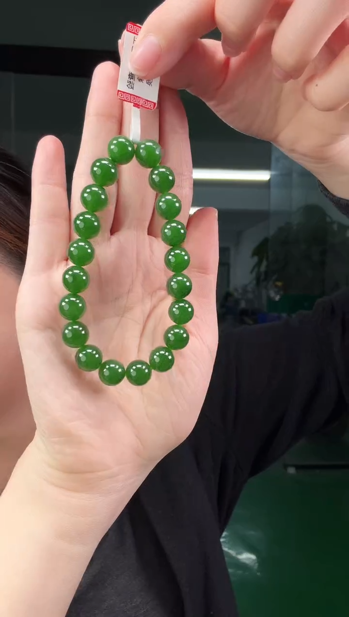 未镶嵌手串和田玉（碧玉）加*碧玉10mm菠菜绿手串