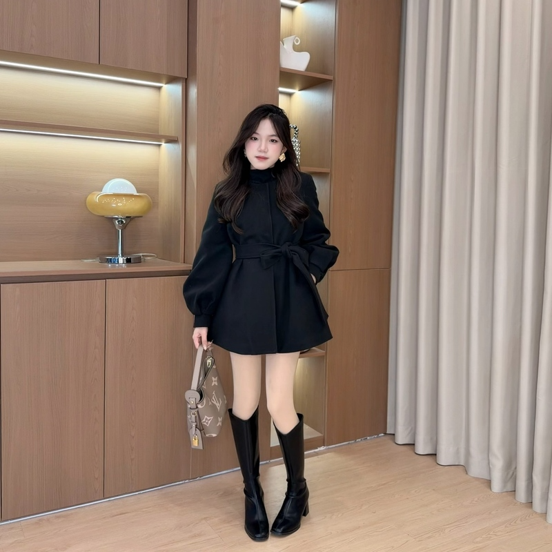 K N J小个子定制气质系带收腰裙摆大衣秋冬夹棉加厚毛呢风衣外套