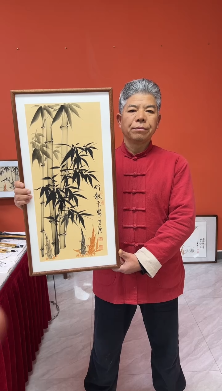书法张富民手绘作品/竹报平安//古宣（乌檀木外框）35*70cm左右