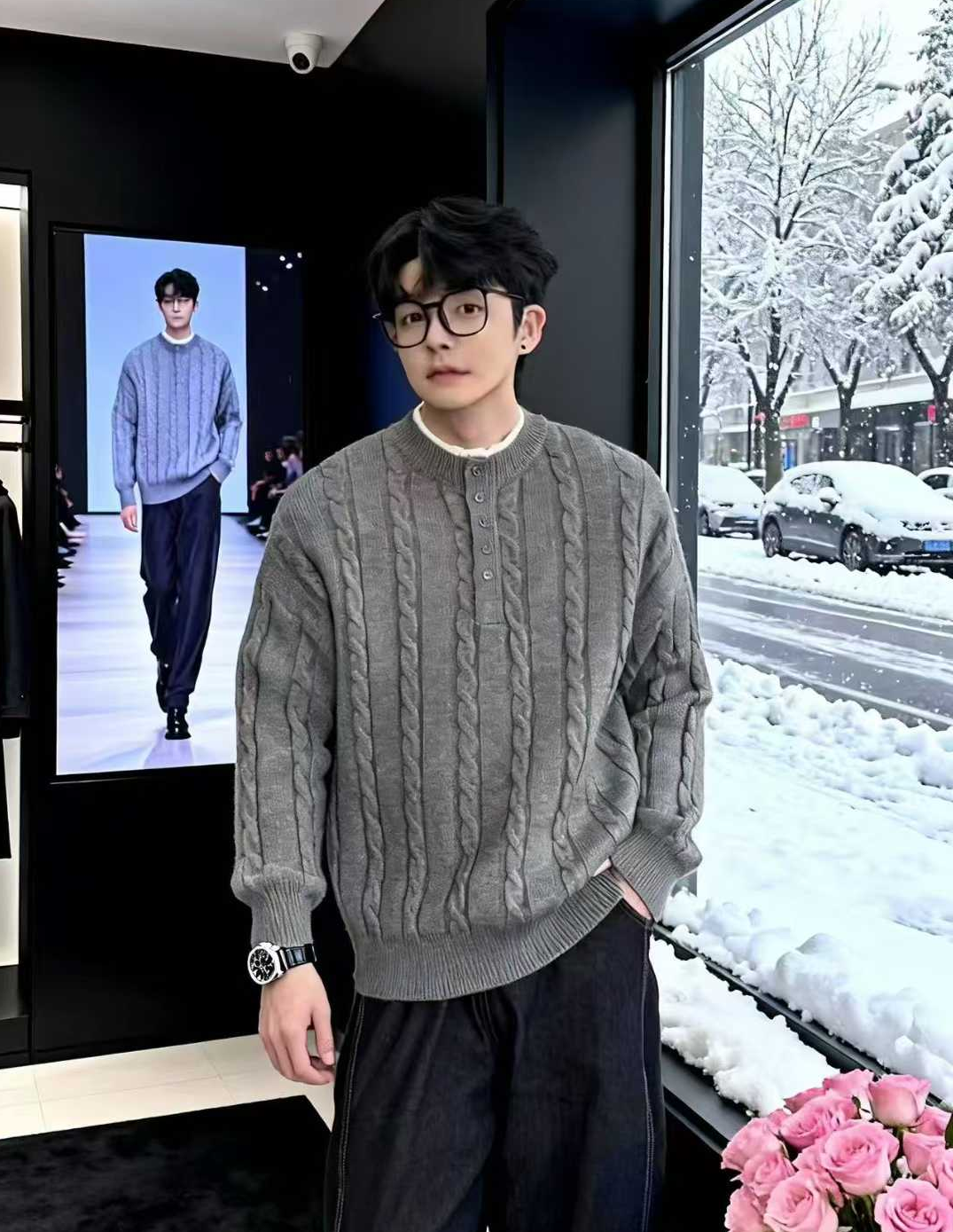 麻花纹编制亨利领男士秋冬老钱风慵懒风高级感套头针织衫25049