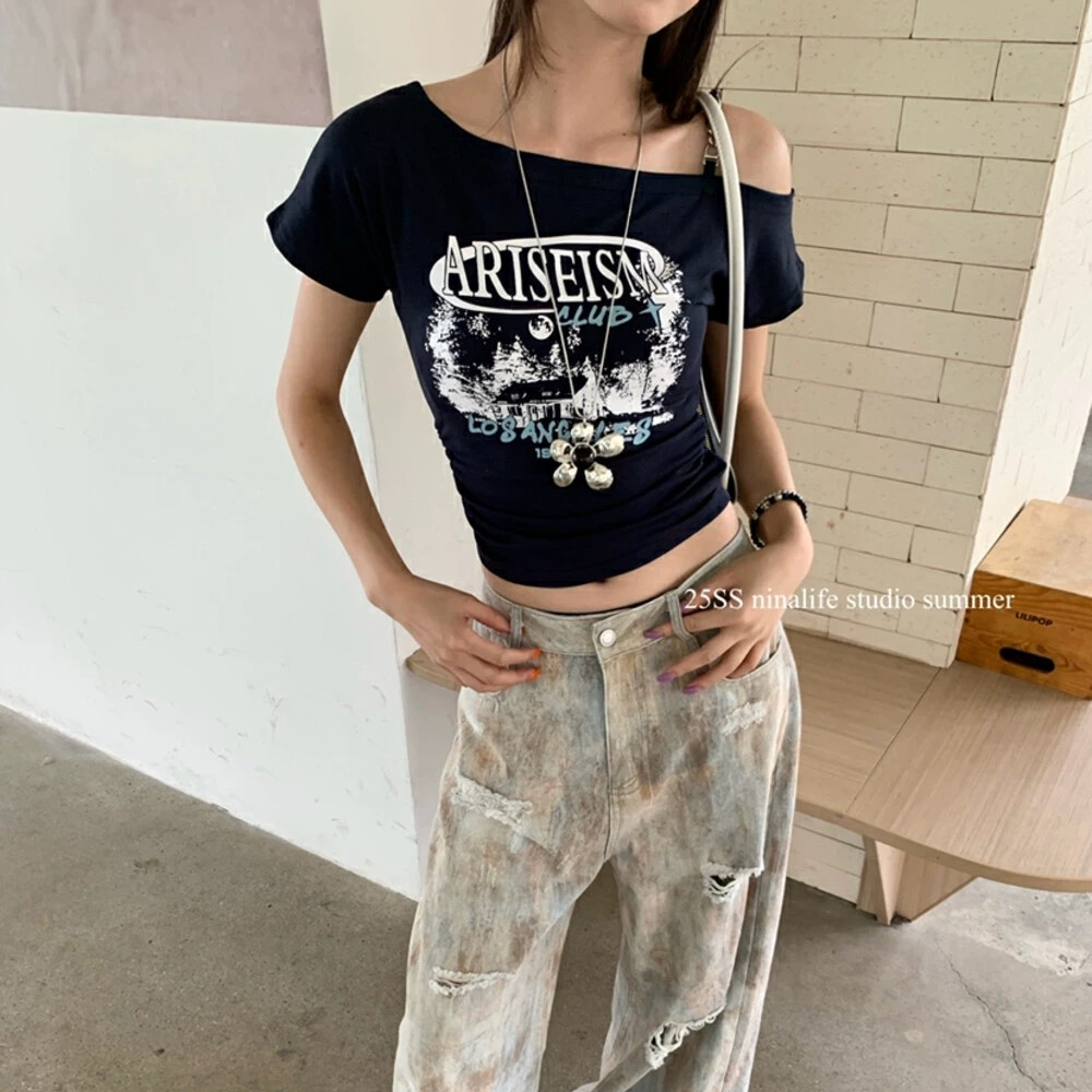 字母短袖短款修身型褶皱印花T恤小众宽松复古江南风