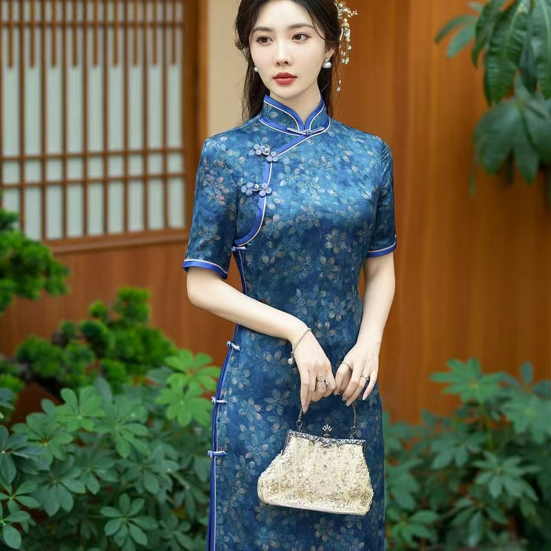 3246白幼秀全开襟古法真丝旗袍复古气质优雅提花