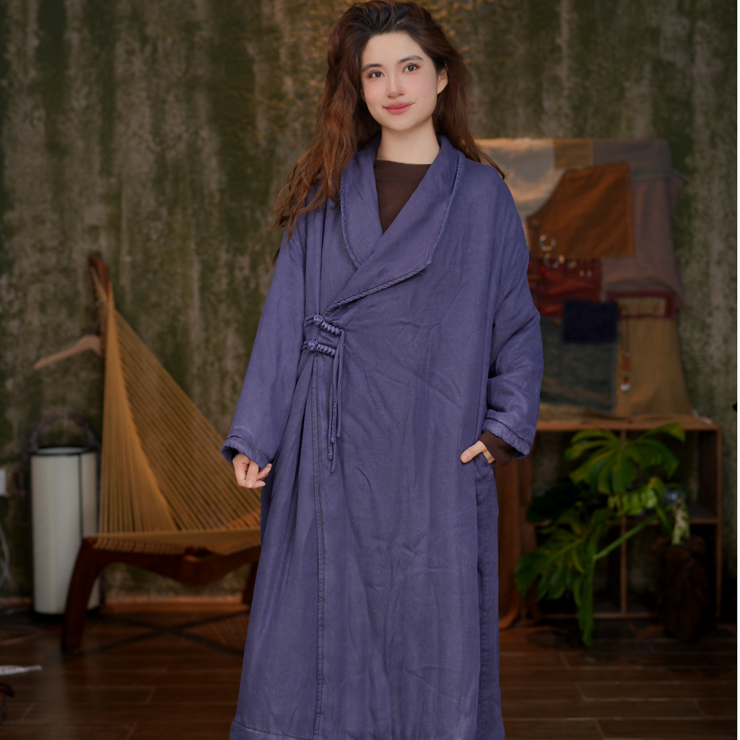 25AW9衣长115cm胸围150cm冬季长款亚麻盘扣棉服