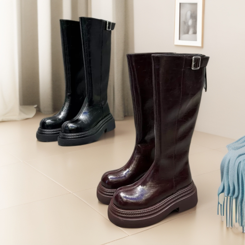 女鞋洋气显瘦长筒中筒时装靴马丁靴时尚高筒靴厚底百搭真皮秋冬