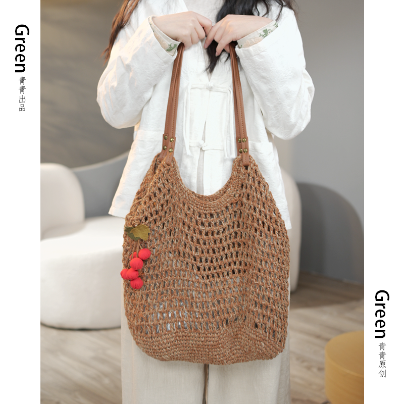 1889手工亚麻编织包造型休闲文艺度假旅游手提单肩大包