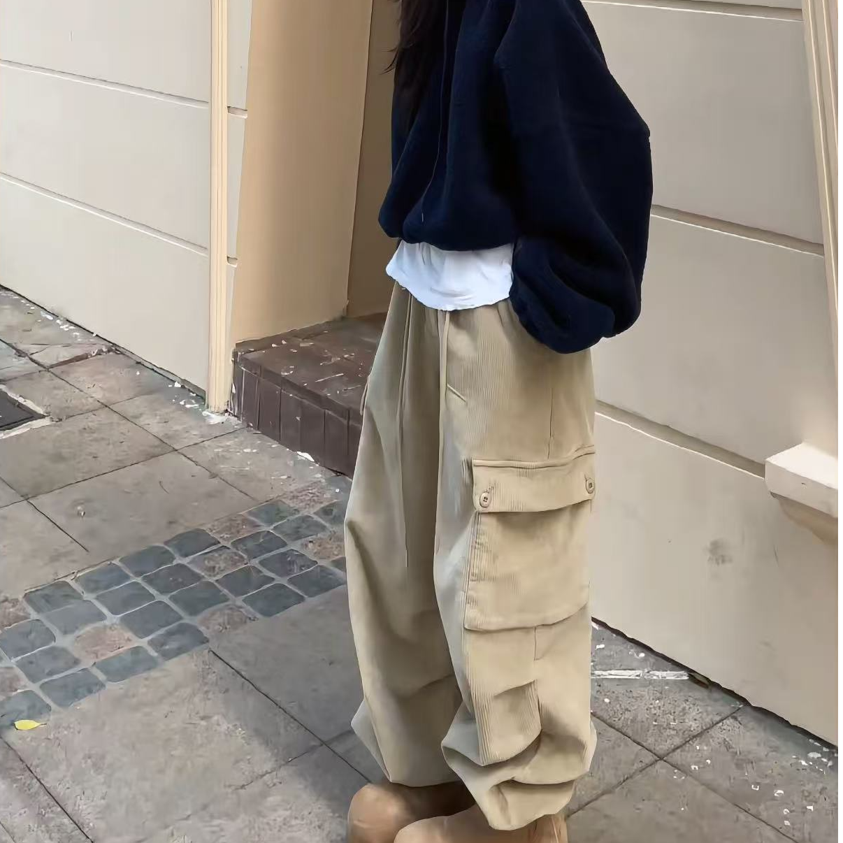 韩版新款条绒加厚工装裤休闲洋气时尚百搭纯色