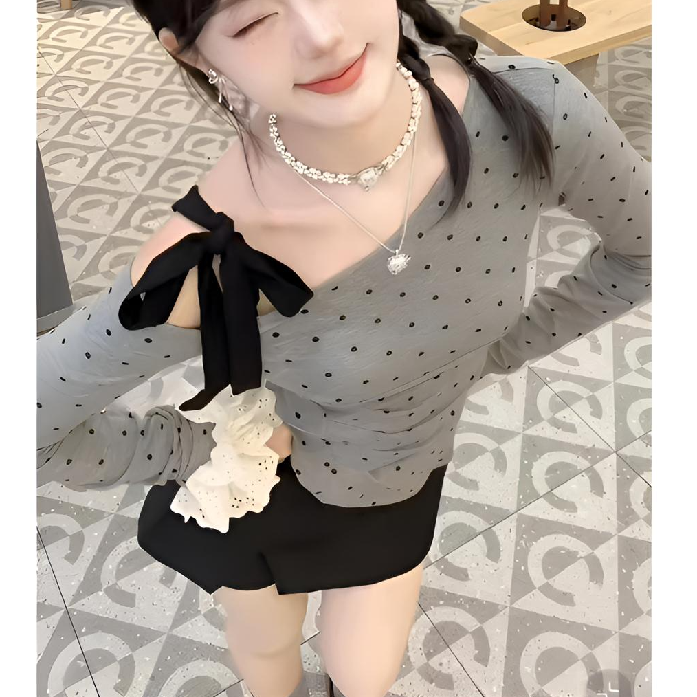 显瘦不规则波点露肩上衣气质长袖洋气时尚修身百搭减龄