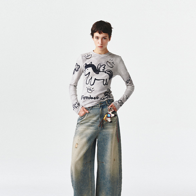 河岸家设计师FORDARE福蝶新年系列"马上有钱"印花打底T恤女26春