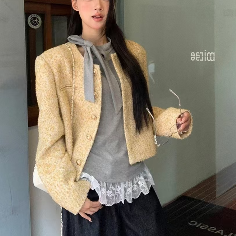 【新款+运费险】黄色高级圆领小香风短款羊毛外套小个子法式ZF8055